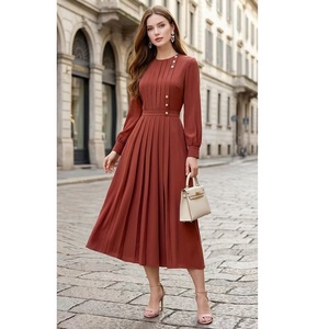 <span class=keywords><strong>Robe</strong></span> de Soirée XXL 2026 Printemps-<span class=keywords><strong>Été</strong></span>, Design Tendance Femme, Boutons Décoratifs, Manches Longues, Longueur Mi-Mollet, Plissée, Couleurs Orange et Noir - Product Image 1