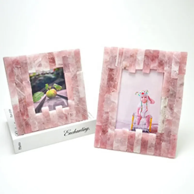 Moldura de cristal antigo para fotos, display de fotos de quartzo rosa natural para artesanato