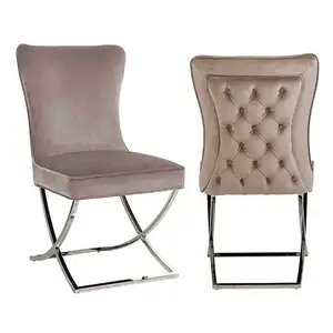 Modern Restaurant Furniture Silver Stainless Steel Frame Grey Velvet Fabric Dining Room Chair With Button