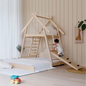 Lit <span class=keywords><strong>de</strong></span> maison en bois massif pour enfants avec structure d'escalade et balançoire - Product Image 1