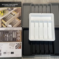 Organizador de cajones para cubiertos expandible y ajustable con 7 compartimentos, almacenamiento de cocina que ahorra espacio, color negro