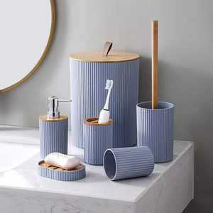Eco-Friendly 6-Piece Modern Anti-bacterial Bathroom Storage <strong>Set</strong> <strong>Bamboo</strong> Toilet Brush Kit Vanity Cabinet Trash Can Toothbrush - Product Image 6