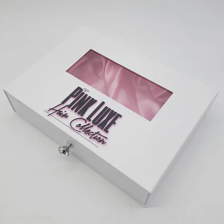 custom printing logo luxury gift wig paper wholesale window drawer box silk insert human hair packaging with handle