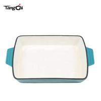 Panci Panggang Persegi Panjang Besi Cor Berlapis Enamel Warna Teal dengan Pegangan Lebar Ganda, Tersedia OEM, untuk Hidangan Keju dan Roti