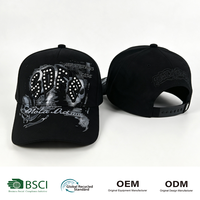 Casquette de baseball personnalisée en daim avec strass, style gothique, crâne, doublure en satin de luxe, noire, certifiée BSCI, usine OEM