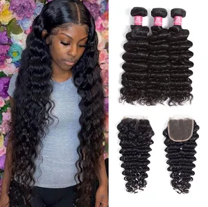 Virgin Hair Weave Bundles And Wigs Vendor, 100% Mink Brazilian Deep Wave Curly Human Hair Extension Bundle With Lace Closure