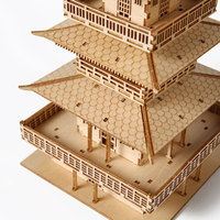 Vente en gros de puzzles en bois 3D, modèle de pagode à trois étages, puzzles en bois 3D DIY pour adultes, architecture ancienne asiatique, kit d'assemblage artisanal
