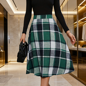 Vente flash sur la jupe midi tendance à imprimé écossais pour femmes de Temu, jupe à taille haute et coupe évasée, parfaite pour la superposition par temps frais - Product Image 4