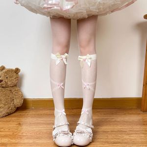 Lolita Stockings Knee High Off White Pink Bow Lace Transparent Women's Summer Thin Ballet Style Socks - Product Image 1
