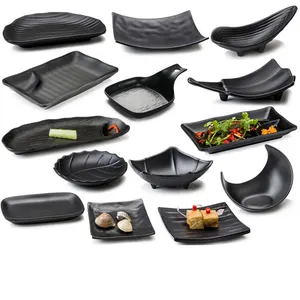 Assiettes noires en mélamine pour restaurant Assiettes à collation en plastique 6 8 10 pouces Ensemble d'assiettes à dîner