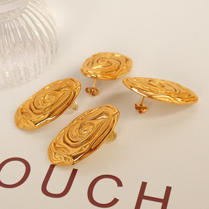 <b>Titanium</b> Steel Stud Earrings Oval Irregular Spiral Pattern Gold Color EH729 Fashion Jewelry - Product Image 2