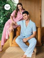 Ensemble de pyjama deux pièces rayé à col, en tissu doux tissé, pour couples, vente en gros d'usine