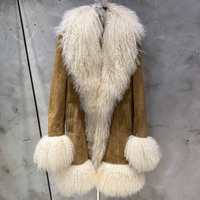 Mantel Bulu Domba Hijau Tua Musim Dingin Wanita Mantel Kulit Suede Asli Jaket Bulu Mongolia