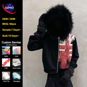 QZFSO Custom Embroidered Printed Zipper Long-sleeved Oversized Hooded <b>Jacket</b> Retro Streetwear Y2K Faux Fur Hood Collar Hoodie - Product Image 1