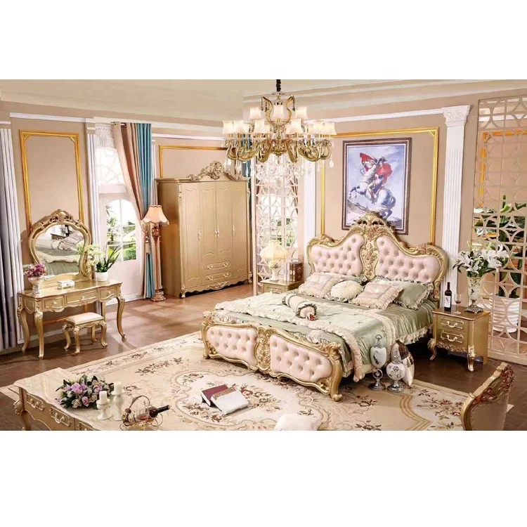 Роскошная резная французская королевская кожаная кровать Gloden BX3058 # в европейском стиле