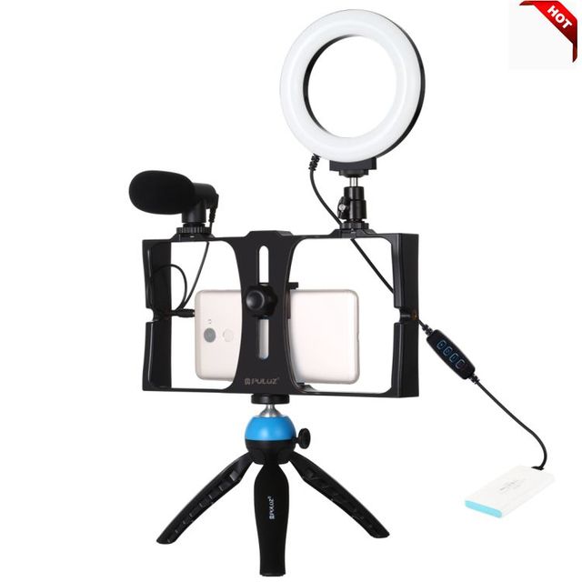 PULUZ 4 in 1 Vlogging Live Broadcast Video Rig Led Ring Selfie Light Kit with Microphone for iPhone and other Smartphones