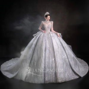 Vestido de Novia Moderno LSHT100 con Cuello Alto, Manga Larga, Encaje Floral, Apliques de Cristal y Cola de Capilla - Product Image 1
