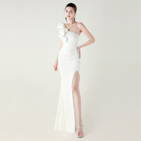 33596 # bleu simple épaule artisanat ondulé fleur Satin haute fente Sexy robe de soirée pour le dîner