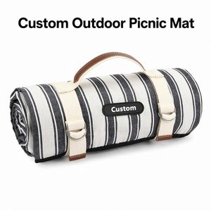 Custom Waterproof Striped Picnic Blanket Portable Roll up Outdoor Camping <b>Beach</b> <b>Mat</b> with Leather Handle Canvas Straps - Product Image 1