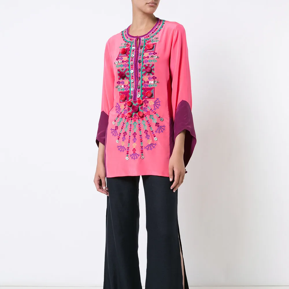 Arabische Meisjes Hot Sexy Foto Designer Mexicaanse Zijde Geborduurd Korte Kaftan Tops hst2203