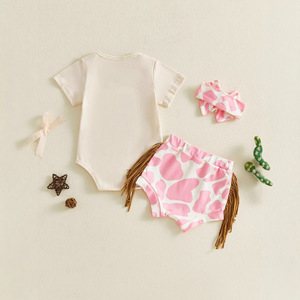 Conjunto de Boutique para Bebé, Mono de Manga Corta con Estampado Vaquero, Pantalones Cortos con Borlas, Diadema, <span class=keywords><strong>Traje</strong></span> para el Primer Cumpleaños de Niña para Sesión de Fotos - Product Image 3