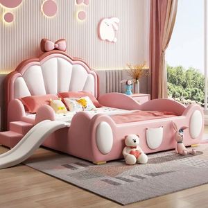 Castle <b>Slide</b> Kids <b>Bed</b> with Pink Bow Design Solid Wood Frame & Safety Guardrails for Girls Playful Princess Theme - Product Image 3