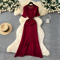 Robe longue moulante décontractée pour femme, tricotée, à manches courtes, boutonnée, fendue, 5 couleurs, TAILLE UNIQUE