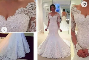 Luxury Mermaid V Neckline <b>Sequin</b> White Color Brazilian Long Sleeve Lace Wedding Dresses - Product Image 5