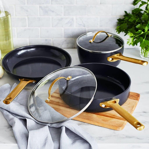 Juego de Utensilios de Cocina de Cerámica Antiadherente de 5 Piezas con Tapa de Vidrio y Asas de Acero Inoxidable, Apto para Lavavajillas y Horno - Product Image 2