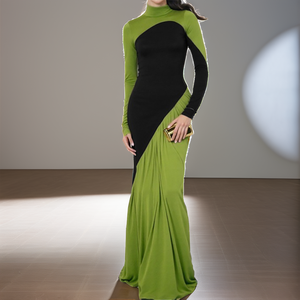 เดรสยาวทรงลำลองคอตั้งสำหรับผู้หญิงรุ่นใหม่ล่าสุด ดีไซน์ตัดสีแฟชั่น แขนยาว เหมาะสำหรับขายส่ง - Product Image 2