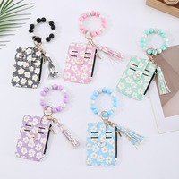Bloemenbloeiwijze Bloemenprint Leren portemonnee Creditcardhouder met siliconen kralen Sleutelhanger Mini portemonnee Tas Armband