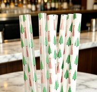 Pailles à boire réutilisables imprimées de 12 pouces avec un arbre de Noël rose et vert, fabriquées en PP, écologiques et sans BPA