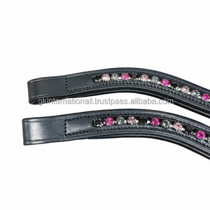 Personalizado Multicolor redondo Cristales vidrio diamante mega Bling incrustaciones Canal vacío Negro Premium cuero caballo ceja banda - Product Image 1