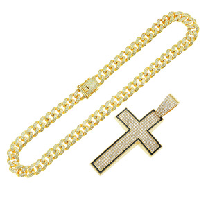 Collier pour homme en alliage plaqué or, avec pendentif croix en strass, chaîne maille cubaine, style hip-hop urbain, tendance et personnalisé, vente en gros - Product Image 6