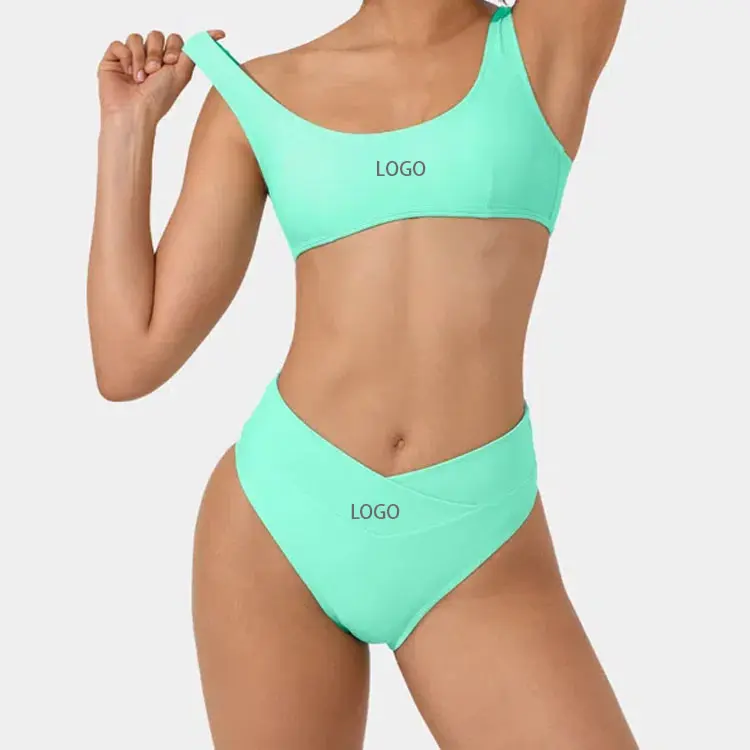 OEM özel üreticileri Beachwear mayo kadınlar için U boyun üst Crossover alt orta kapsama Bikini