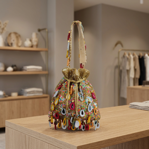 Pochette d'épaule perlée à pompons doux avec franges, faite à la main, élégante pour soirée, motif doré et multicolore - Product Image 2
