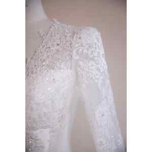 Vestido de Novia de Gala con Cuello en V, Mangas de Encaje Ilusión, Corsé con Cuentas, Cintura Estilo Basque, Satén, Tallas Grandes, Estilo Princesa, Fabricación Personalizada - Product Image 6