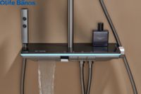 Ensemble de douche LED chromé brossé de haute qualité avec touches de piano, robinet en céramique, 4 fonctions, panneau de douche thermostatique en laiton pour salle de bain
