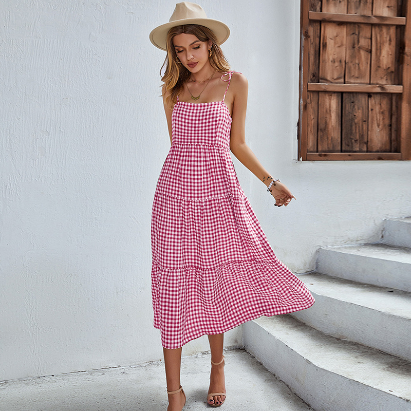 2025 New Long Slip Gingham Ruffle Dress - Elegant Casual