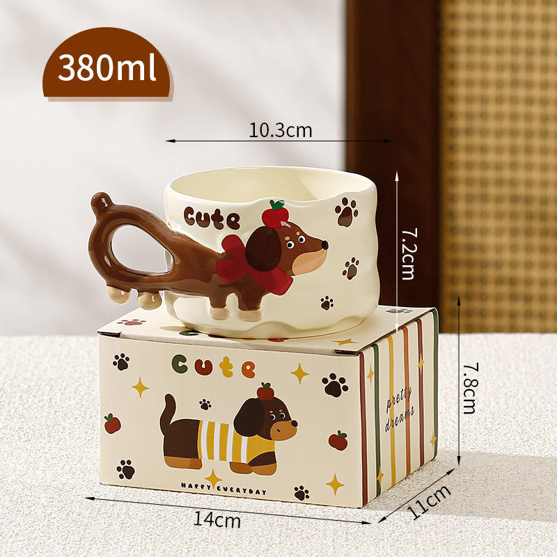 [แก้วเดี่ยว] ลายปั๊มนูนรูปสุนัขพันธุ์ดัชชุนด์ - สีขาวนวล