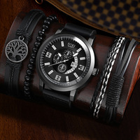 Reloj de Lujo para Hombre, Nuevo, 40 mm, Aleación, Cuarzo, Correa de Cuero, Esfera de Cristal, Indicadores, Accesorio de Moda Masculino, Set con Brazalete