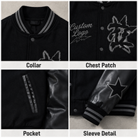 Veste universitaire pour homme, noire, épaisse, pour club et équipe, avec broderie graphique, corps en laine et empiècements en cuir, style Letterman, vente en gros
