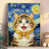 Kit de peinture par numéros Chat mignon style Nuit étoilée encadré Peinture acrylique DIY pour adultes débutants Art mural 40x50cm