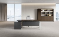 Bureau de direction professionnel avec armoire latérale fixe, poste de travail exécutif avec rangement et gestion des câbles pour le bureau