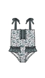 Traje de Baño Personalizado para Niñas, Informal, de Primavera y Otoño, con Estampado de Camuflaje Gris, Transpirable, de Algodón y Elastano, con Volantes, para Hermanitas - Product Image 2