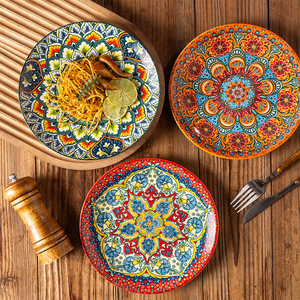 Assiette à steak/pâtes/soupe en céramique de style marocain et bohème, vaisselle ronde, service de table, assiette et bol avec peinture sous glaçure - Product Image 3