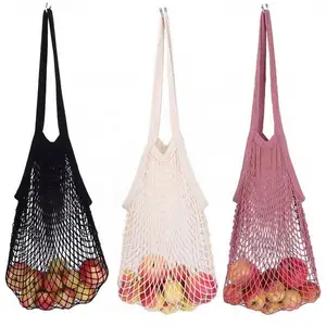 custom Long Handle Shoulder Bag Reusable Fruit String Grocery Shopper fruit beach organic cotton mesh bags 1