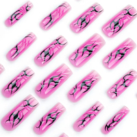 24 faux ongles carrés extra longs rose et noir style gothique flamme, à presser, avec bord ondulé 3D, en acrylique Y2K pour femme, pour soirée