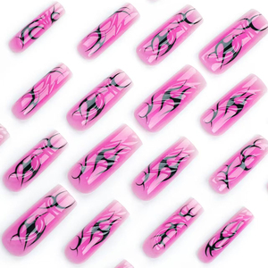 24 <span class=keywords><strong>Uñas</strong></span> Postizas Cuadradas Extra Largas en Caja, Color Rosa y Negro, Estilo Gótico con Llama, <span class=keywords><strong>Uñas</strong></span> Acrílicas Y2K con Borde Ondulado 3D para Mujer, Ideales para Fiestas - Product Image 4