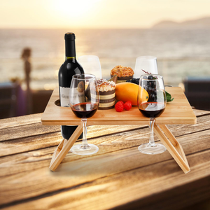 Outdoor <b>Foldable</b> Beach Tray Portable Wooden Wine Picnic <b>Table</b> With Wine Holders - Product Image 3